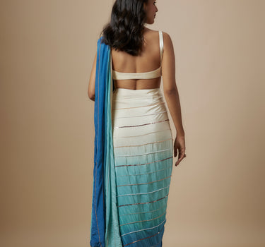 Blue Ombre Embroiderd Saree With Cream Blouse