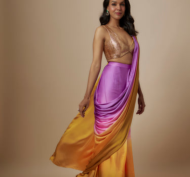 Mustard To Purple Ombre Saree With Badla Embroidered Blouse