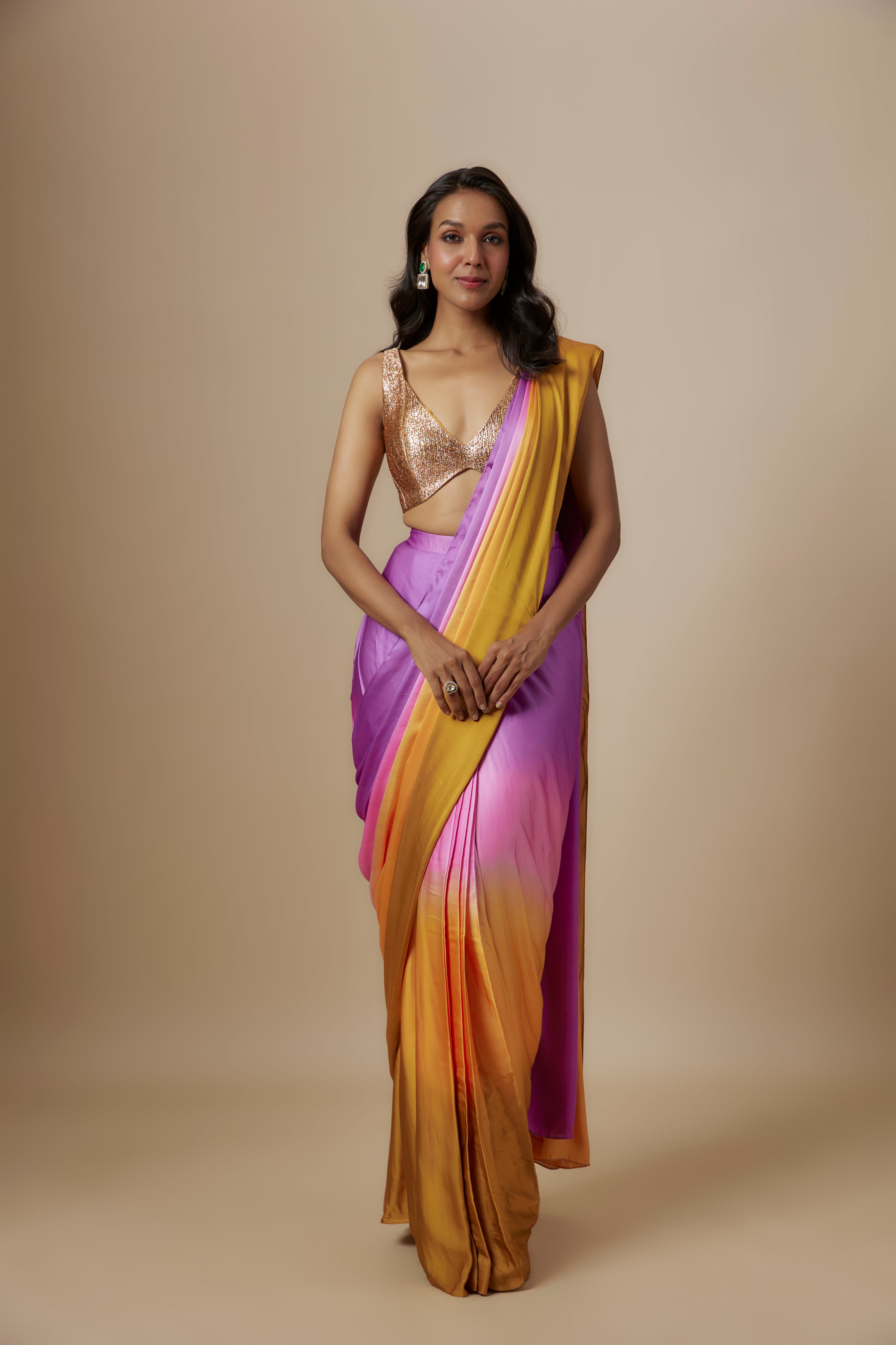 Mustard To Purple Ombre Saree With Badla Embroidered Blouse