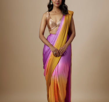 Mustard To Purple Ombre Saree With Badla Embroidered Blouse