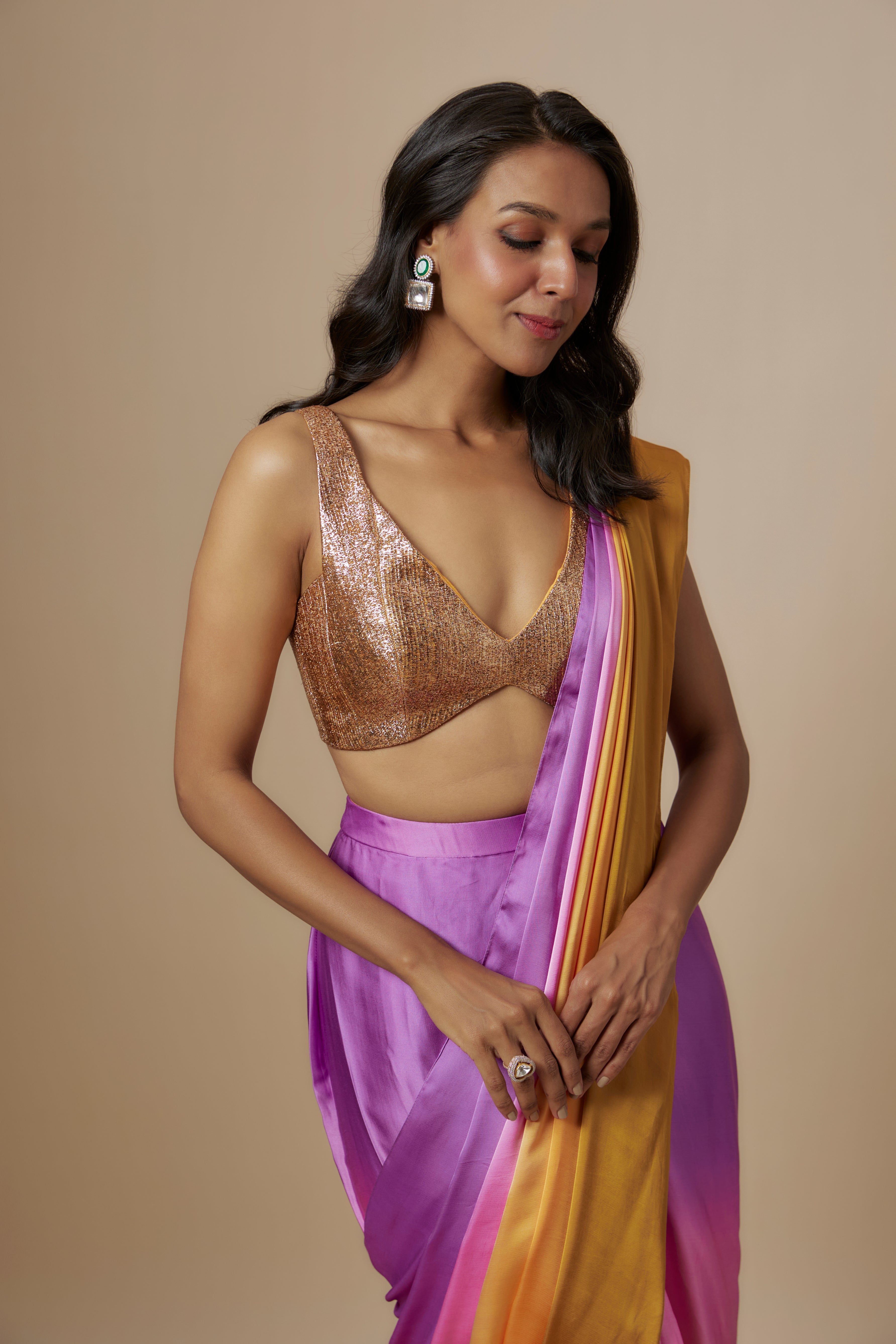 Mustard To Purple Ombre Saree With Badla Embroidered Blouse