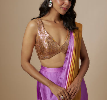 Mustard To Purple Ombre Saree With Badla Embroidered Blouse