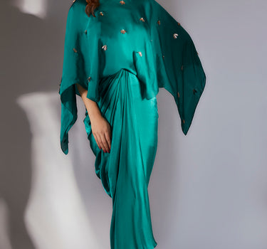 Teal Green Embroidered Drape Dress