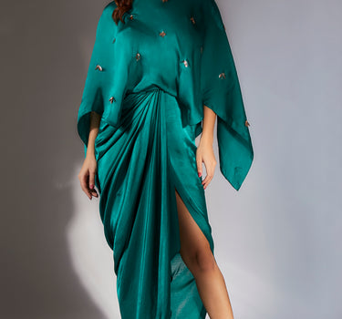 Teal Green Embroidered Drape Dress