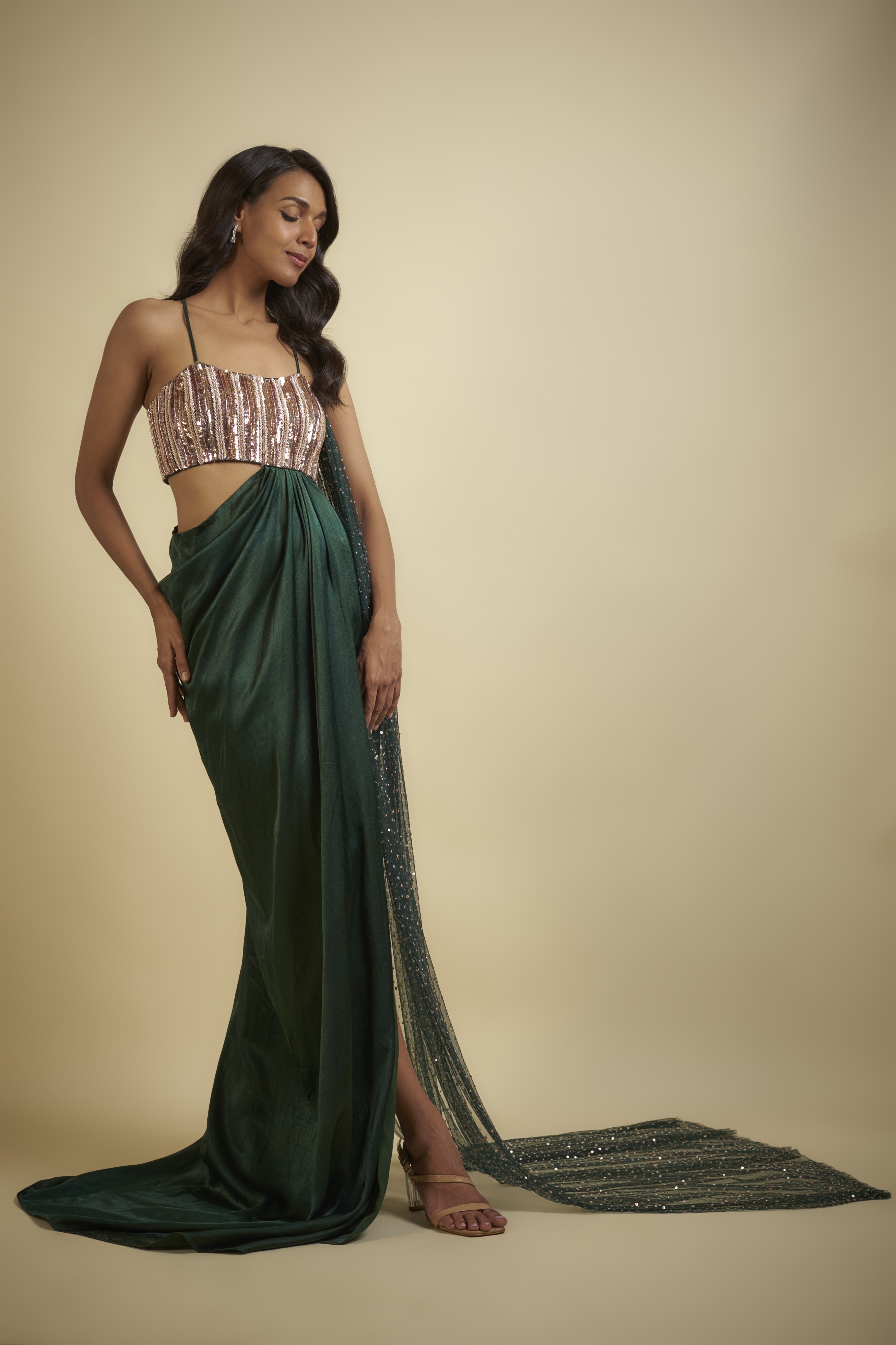 BOTTLE GREEN EBROIDERED GOWN WITH DRAPE