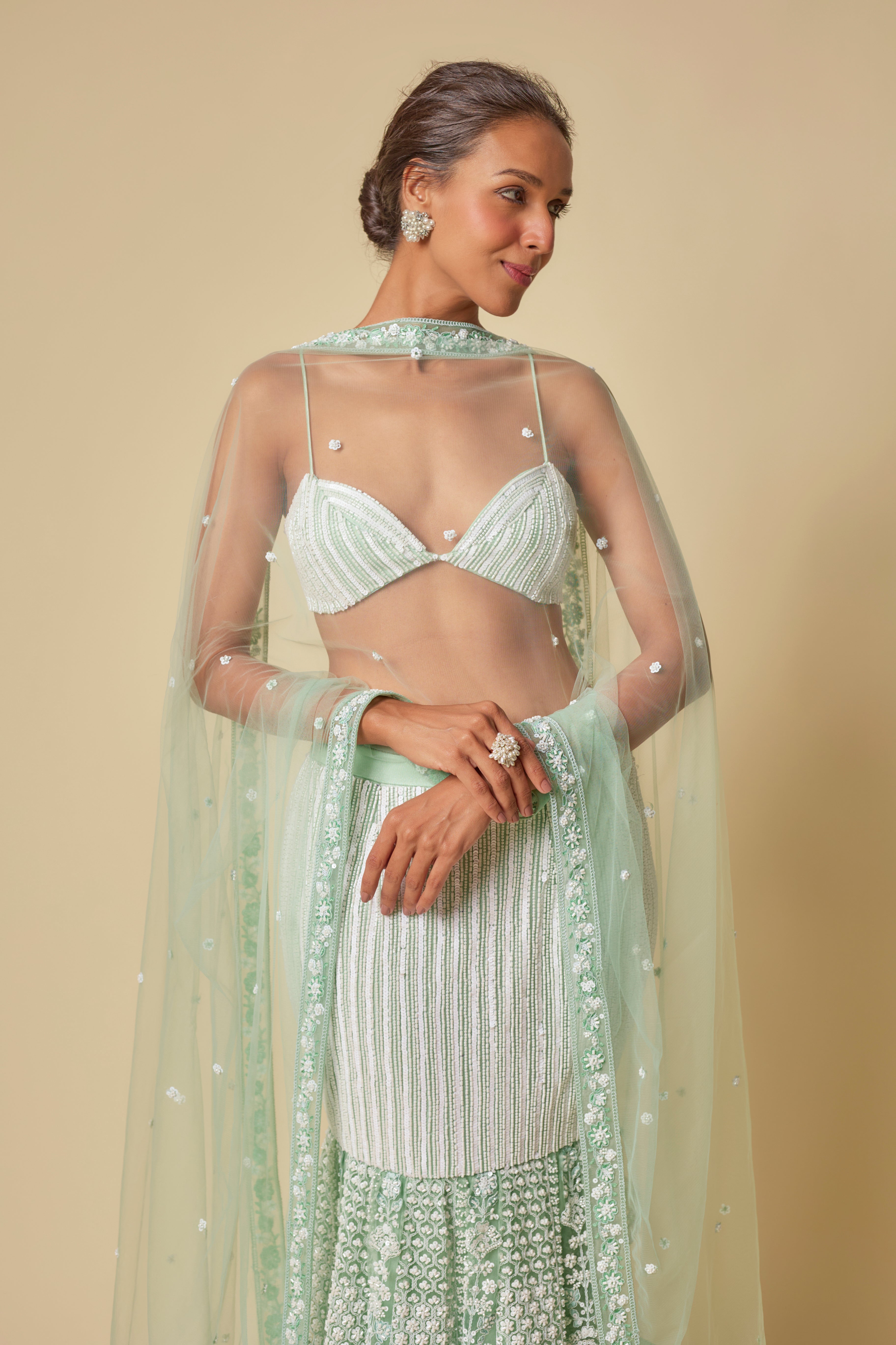 Mint Embroidered Mermaid Skirt with Dupatta and Blouse