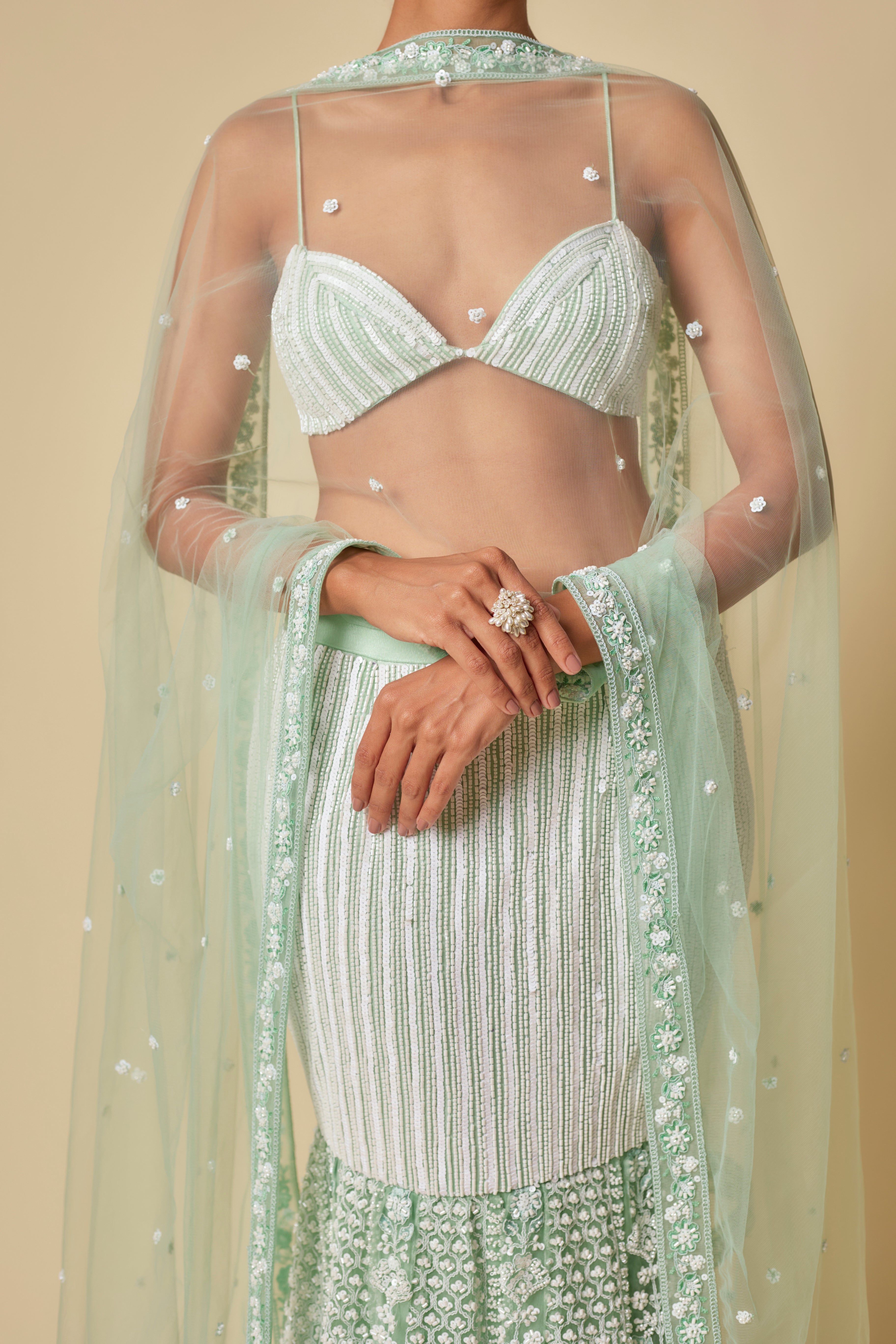 Mint Embroidered Mermaid Skirt with Dupatta and Blouse