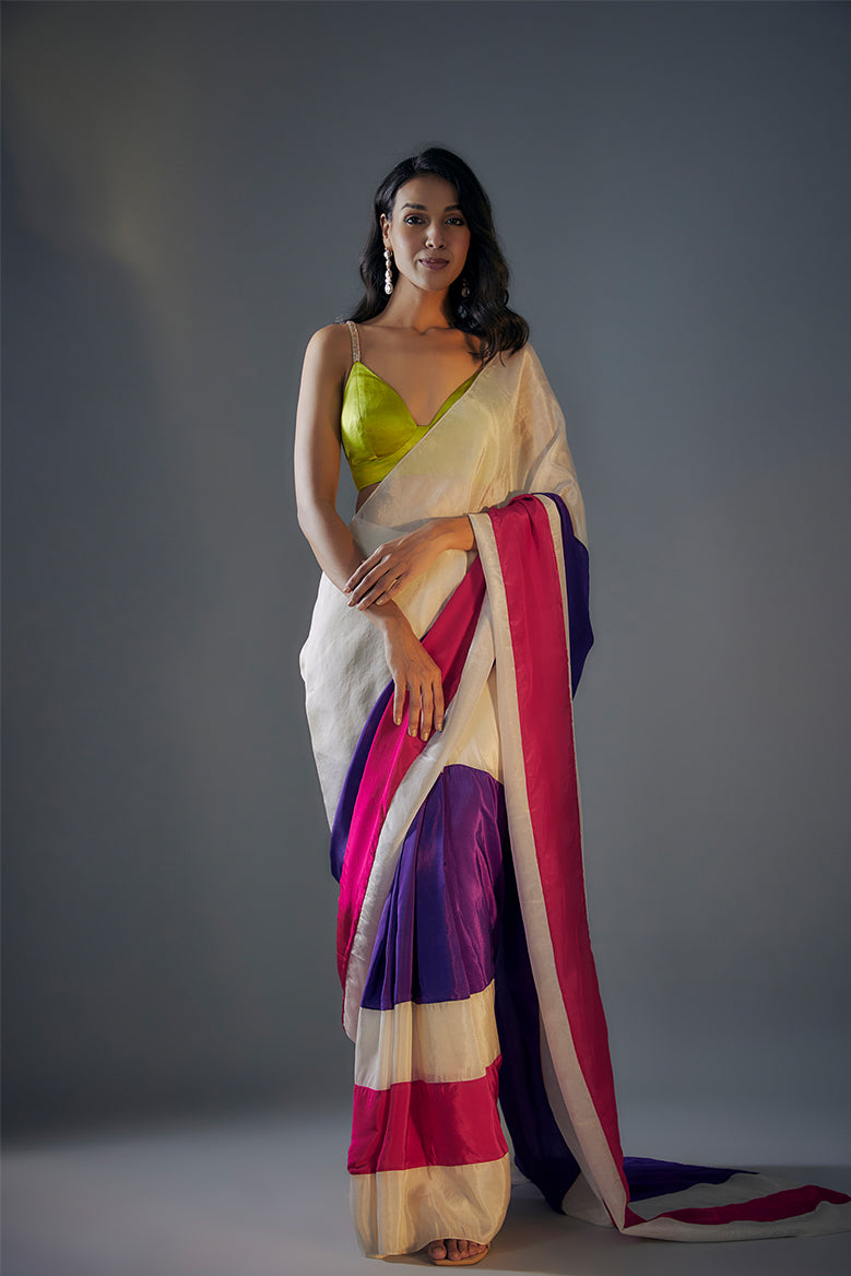 Hot Pink ,Purple and Beige  block saree in tissue  with lime green  embroidered  blouse