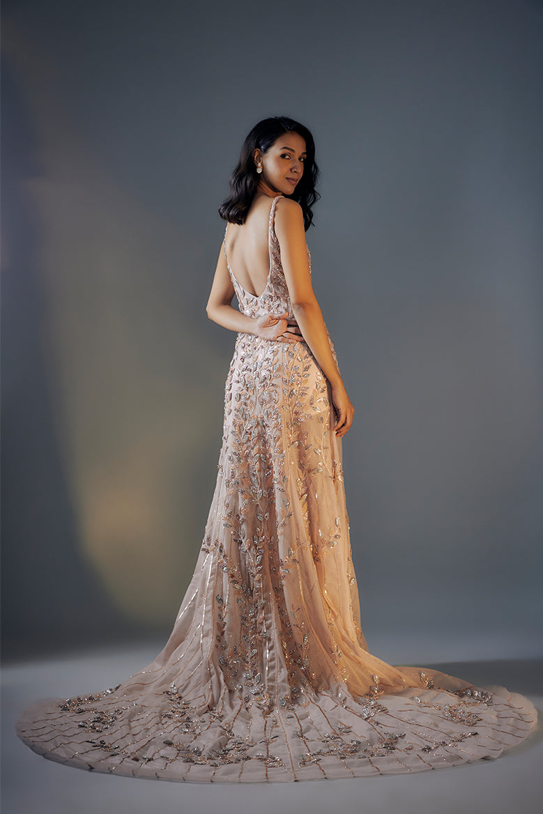 Rose Gold 3D Embroidered Trail Gown With Slit