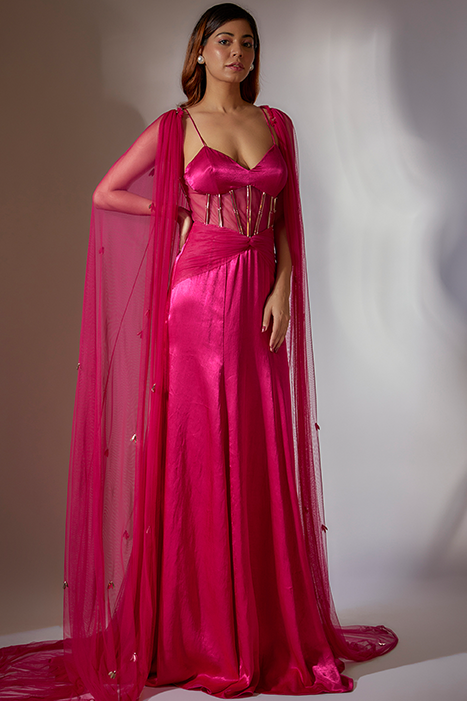Hot Pink Embroidered Corset Gown With Cape