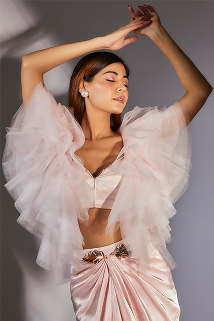 Baby Pink Embroidered Ruffle Corset Top With Draped Skirt