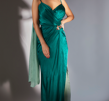 Teal Green Embroidered Draped Dress with Ombre Scarf