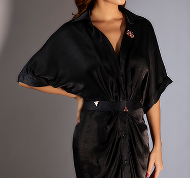 Black Embroidered Shirt Dress With Belt