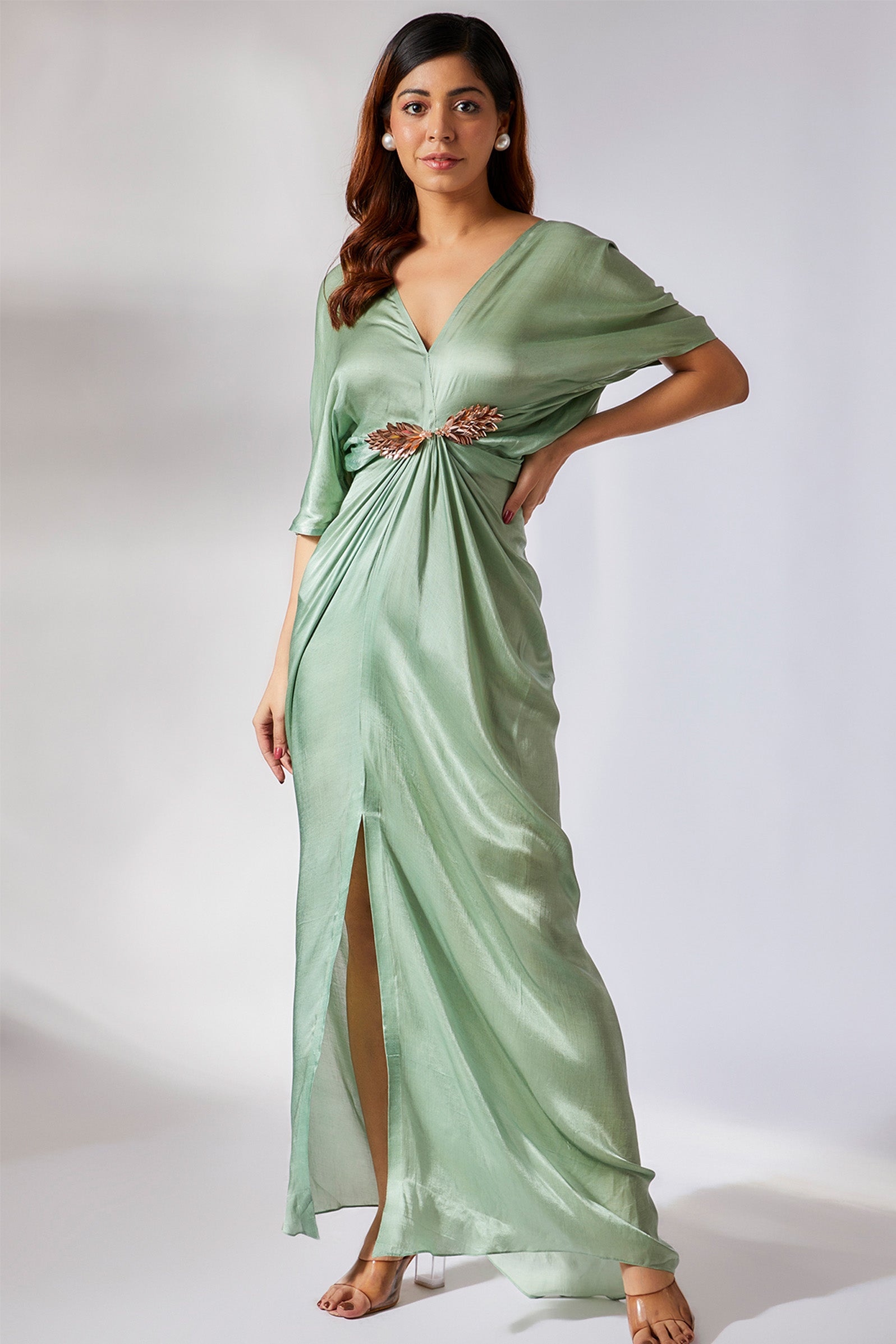 Sage Green Embroidered Draped Dress