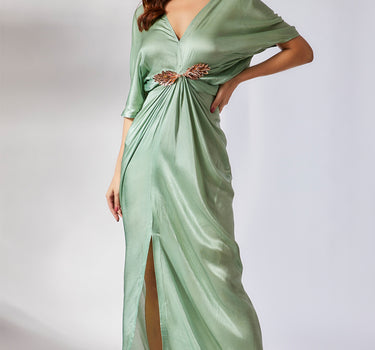 Sage Green Embroidered Draped Dress