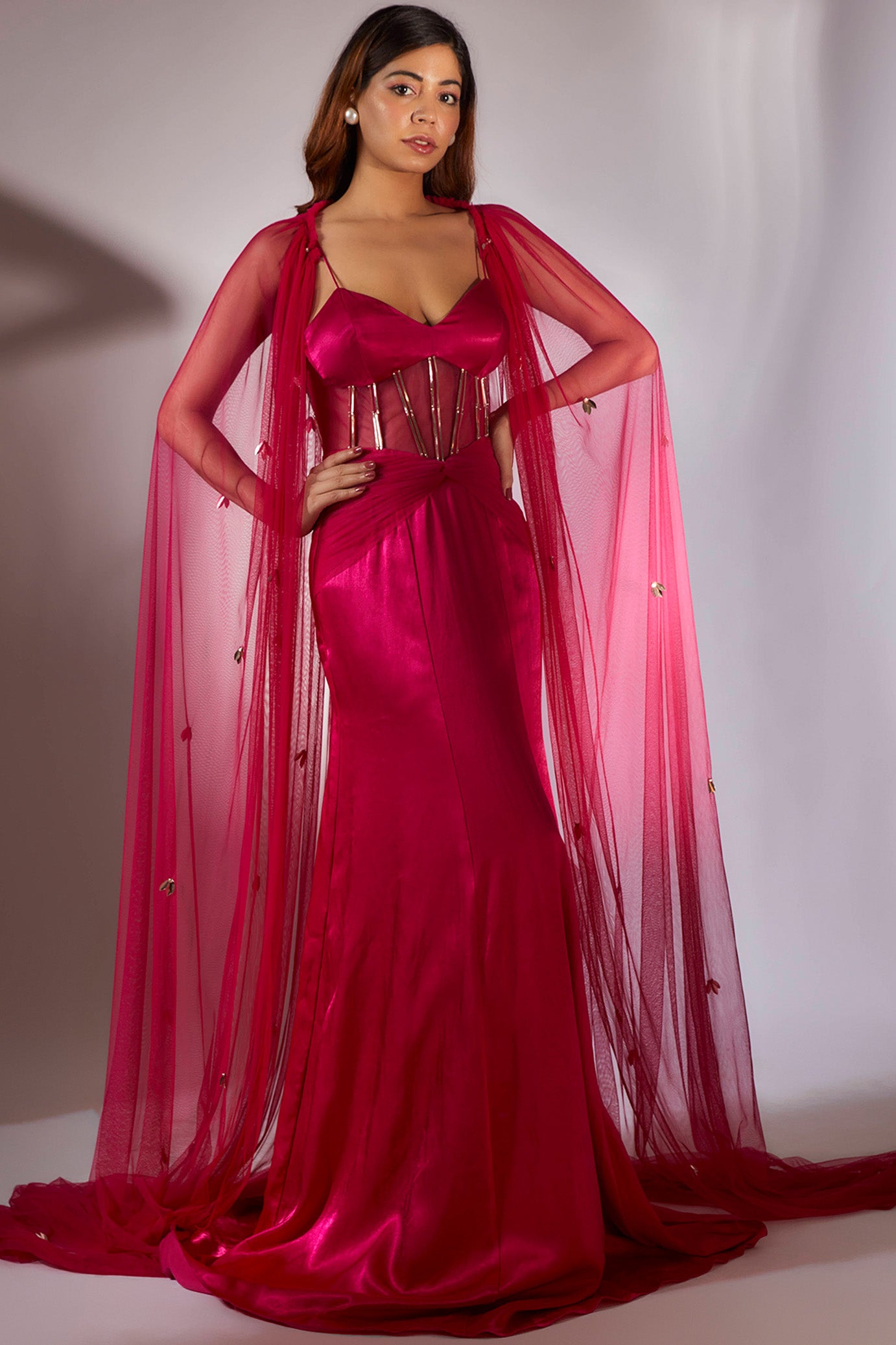Hot Pink Embroidered Corset Gown With Cape – Masumi Mewawalla