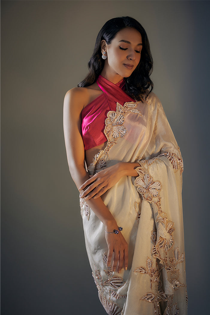 Beige Tissue Emroidered Saree with Hot Pink Blouse