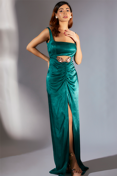 Teal Green Embroidered Cutout Dress