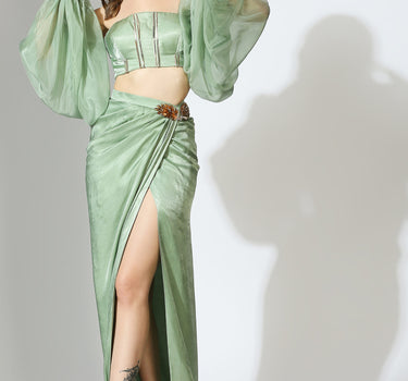 Sage Green Off Shoulder Corset Top with Draped Skirt