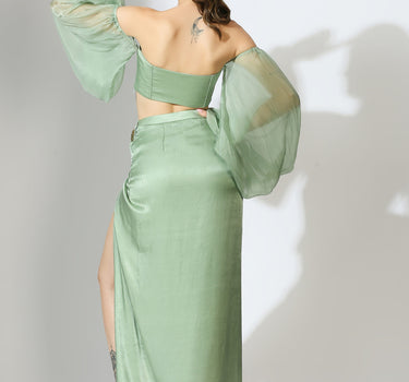 Sage Green Off Shoulder Corset Top with Draped Skirt