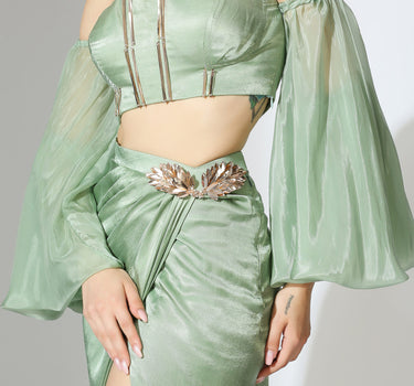 Sage Green Off Shoulder Corset Top with Draped Skirt