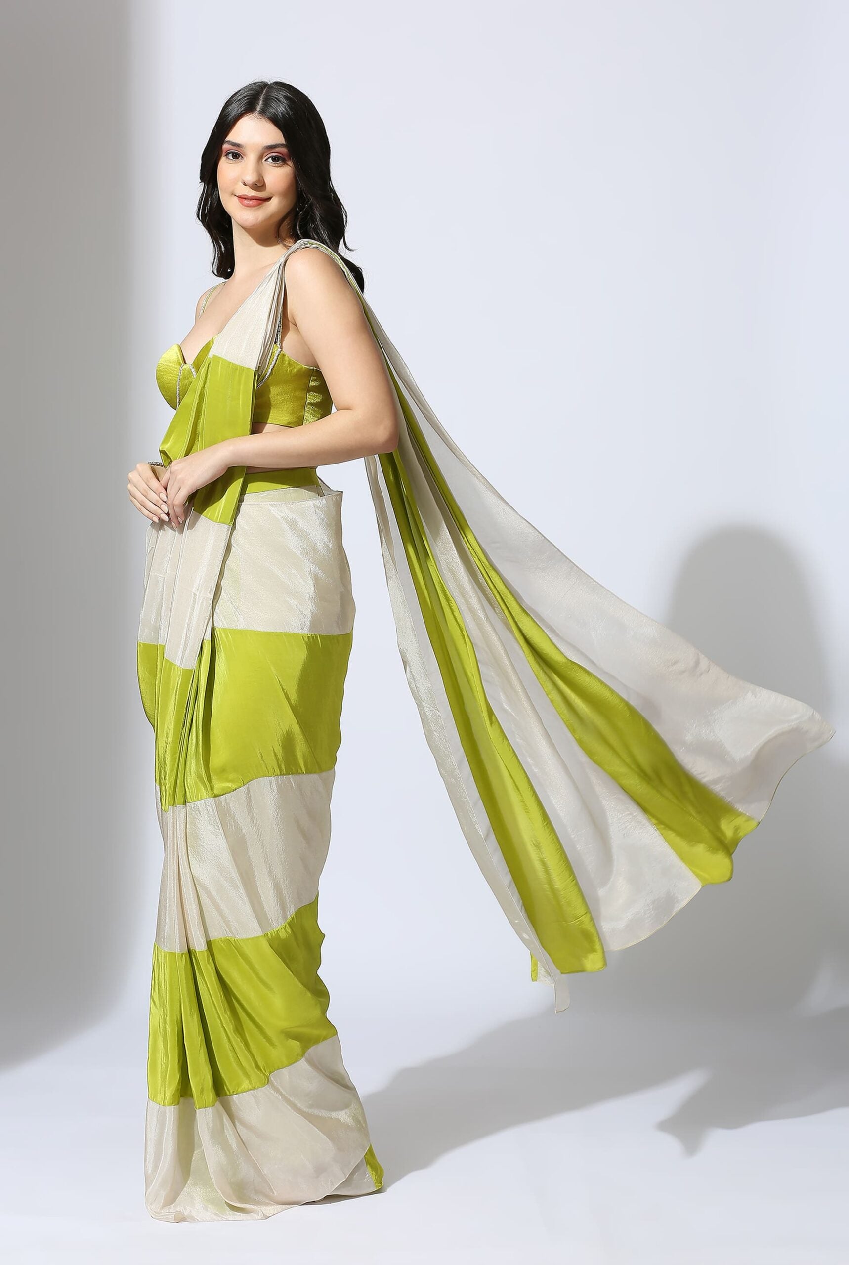 Lime Green And Tissue Color Block Saree With Lime Green Embroidered Blouse