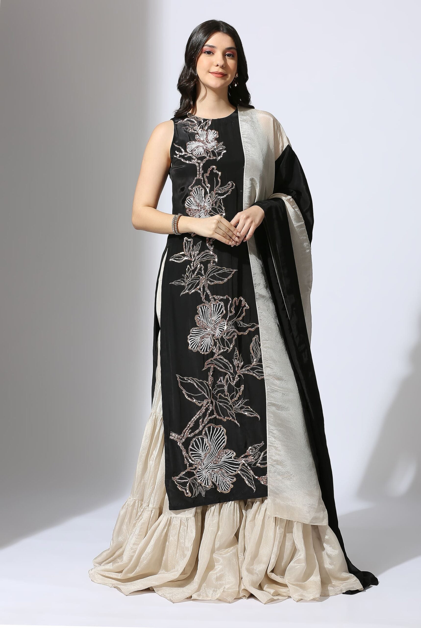 Black Embroidered Kurta With Tissue Sharara Set