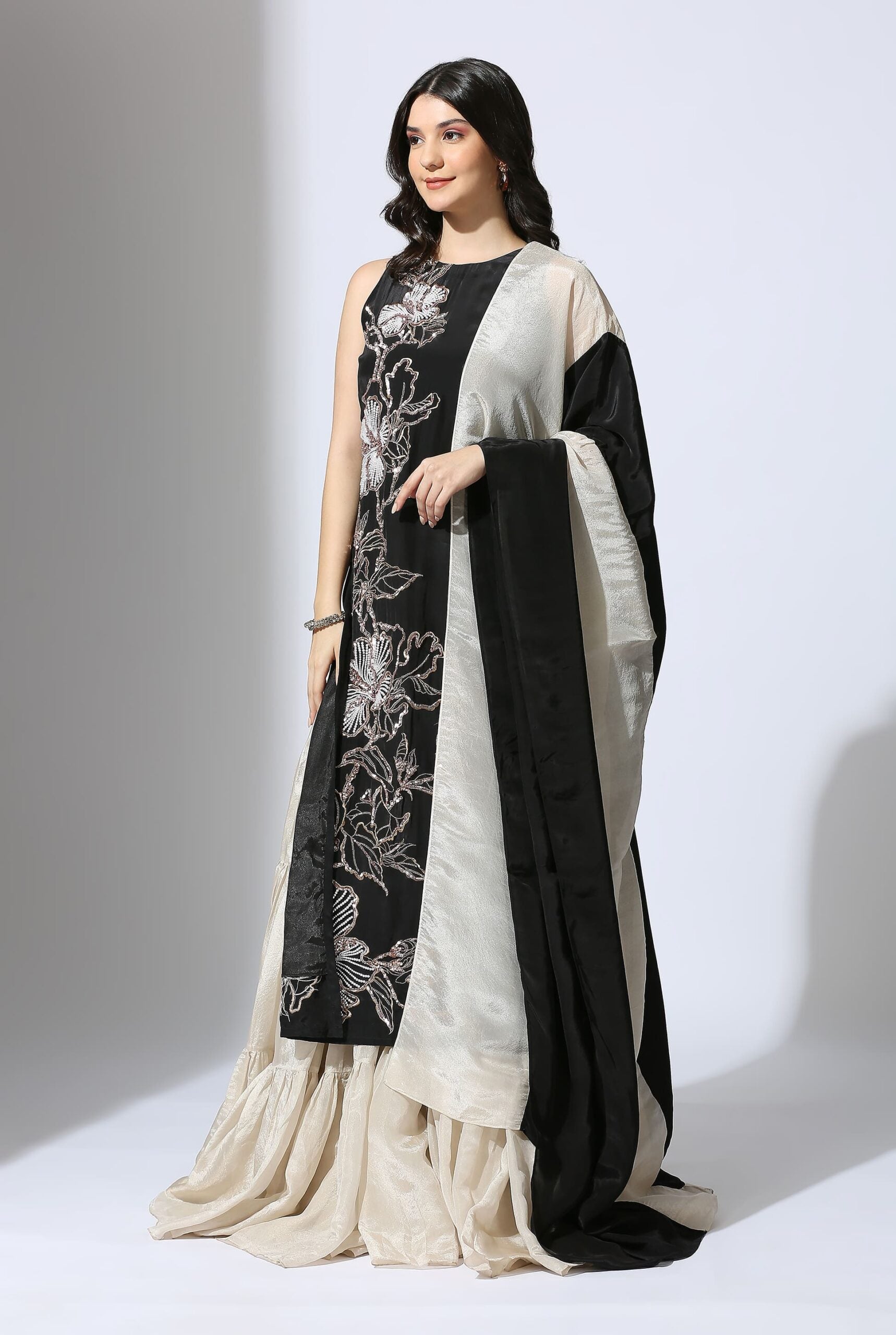 Black Embroidered Kurta With Tissue Sharara Set