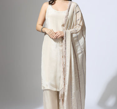 BEIGE TISSUE EMBROIDERED KURTA SET