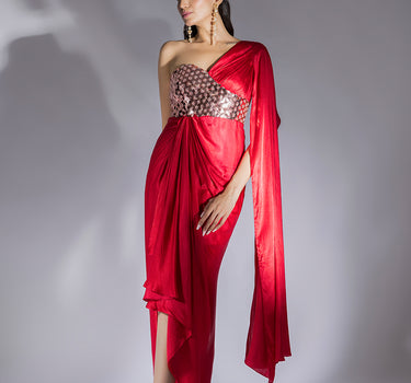 Red Embroidered Drape Dress