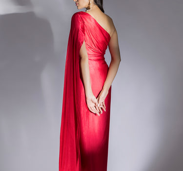 Red Embroidered Drape Dress