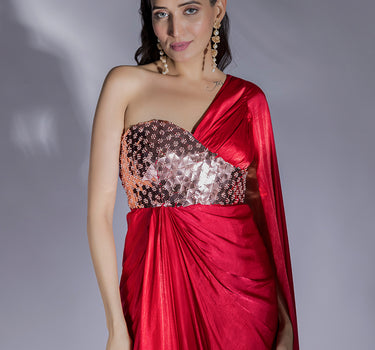 Red Embroidered Drape Dress