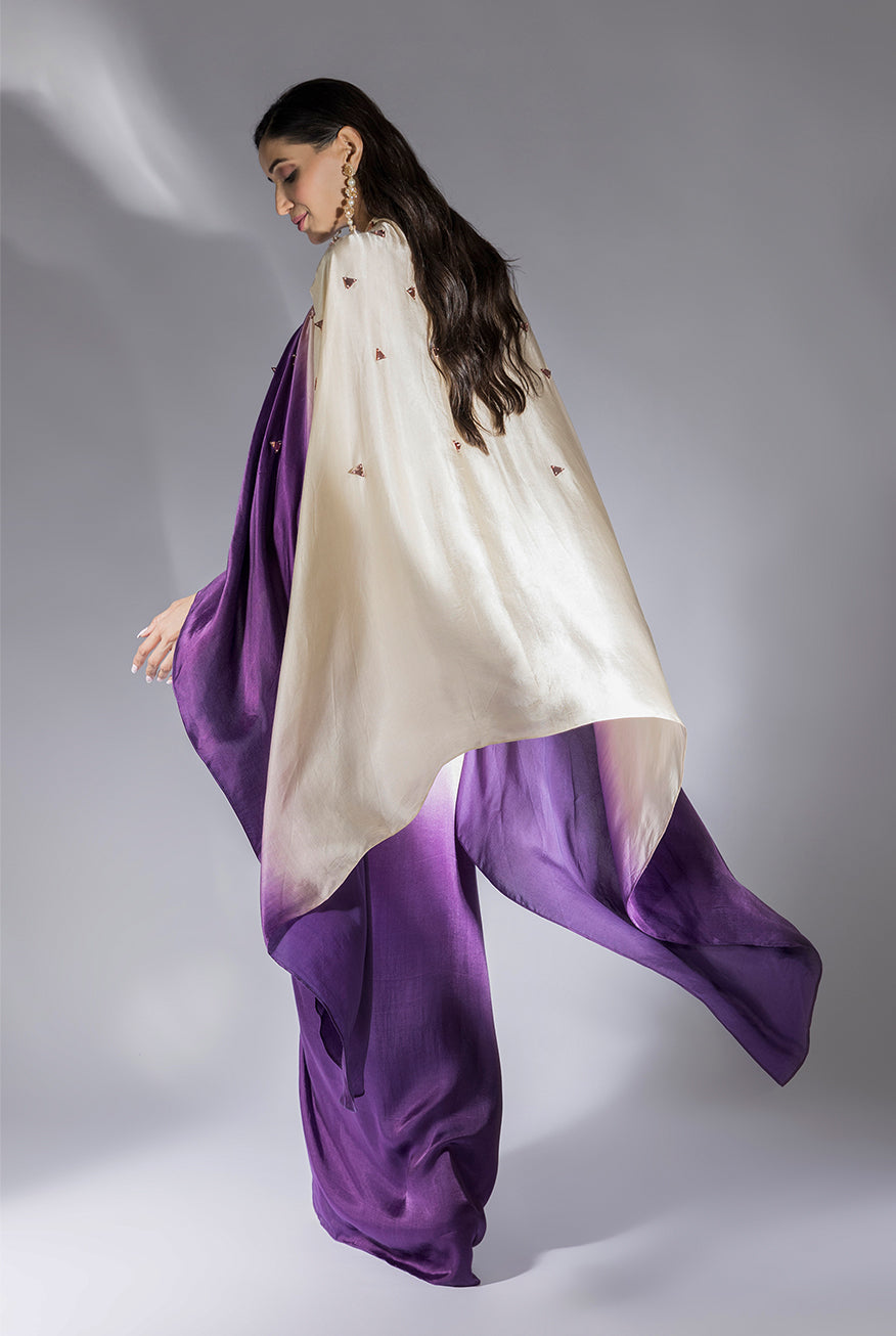 Purple and Beige Ombre Embroidered Skirt Set With Cape