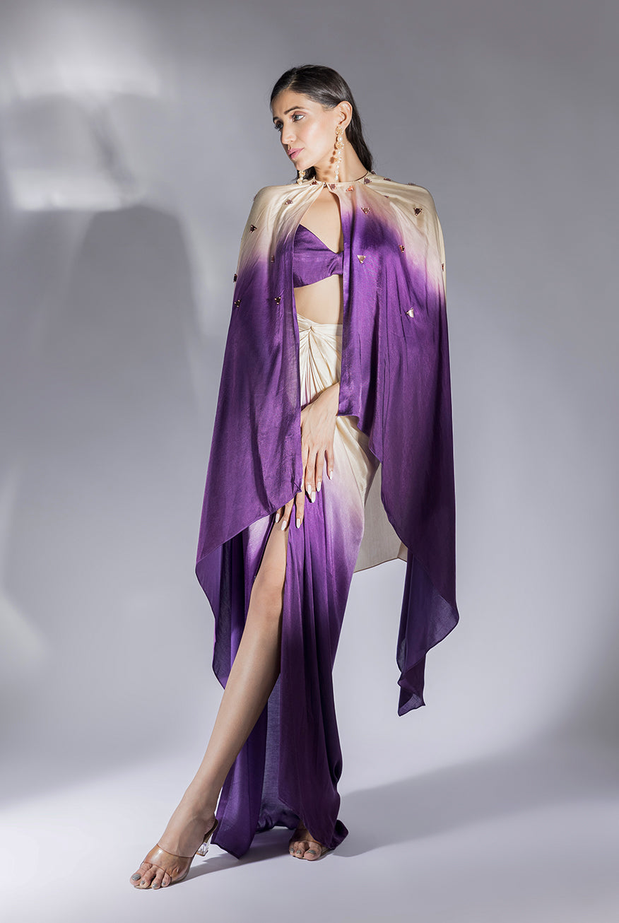 Purple and Beige Ombre Embroidered Skirt Set With Cape