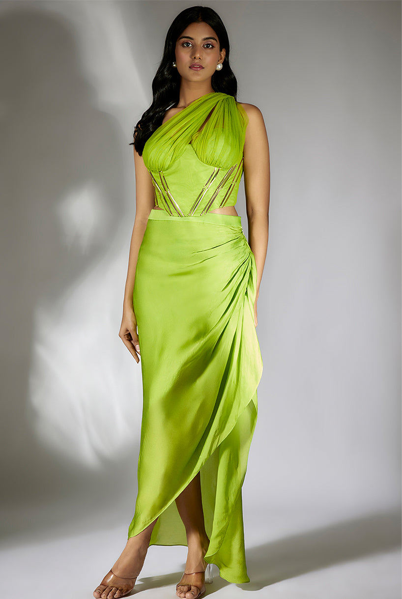 Green Embroidered Ruched Top with Drape Skirt