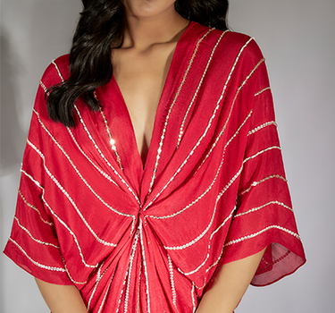 Red Embroidered Drape Dress