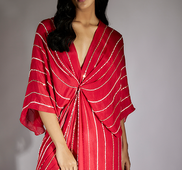 Red Embroidered Drape Dress