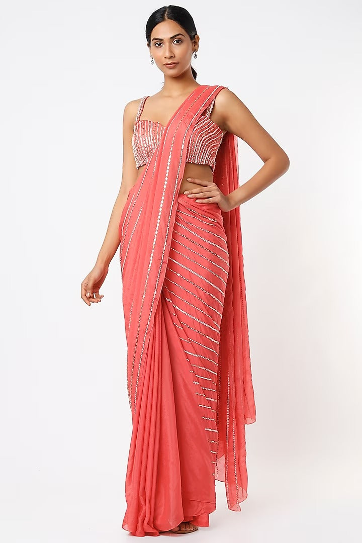Coral Embroidered Saree Set