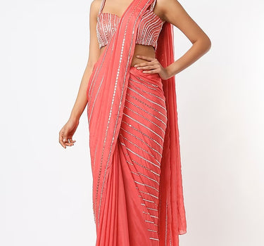 Coral Embroidered Saree Set