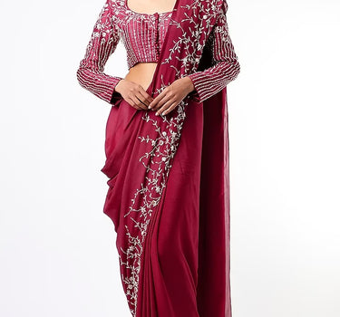 Wine Crepe Saree Set