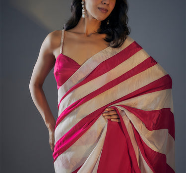 Hot Pink and Light Gold Colour block Saree With Hot Pink Embroidered Blouse