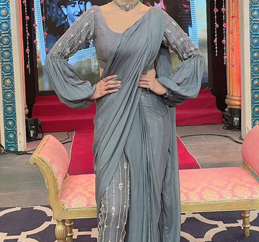 Grey Embroidered Pant Saree With Blouse