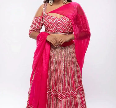 Hot Pink Draped Lehenga Set With Drape