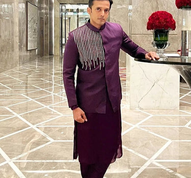 Purple Embroidered Bandhgala Jacket Set