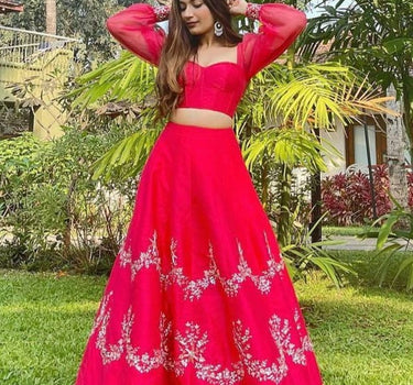 Red Embroidered Dupion Lehenga Set