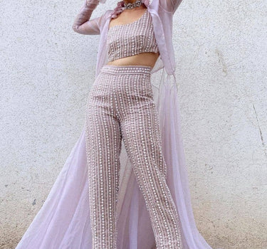 Blush Pink Embroidered Bustier And Pant With Jacket