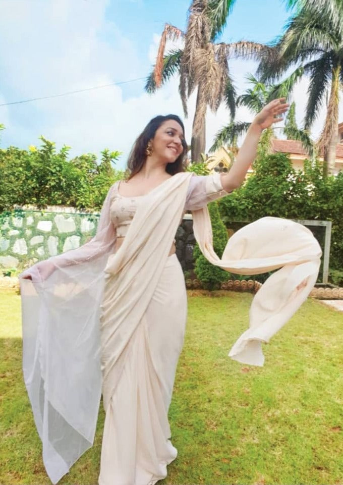 Cream Saree With One Side Flare Sleeve