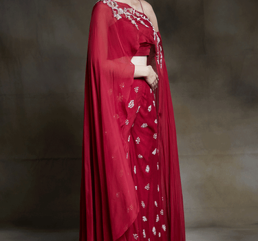 Crimson Embroidered Sharara Pant With One Shoulder Drape