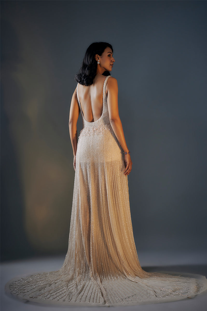 Beige Embroidered Trail Gown With Slit