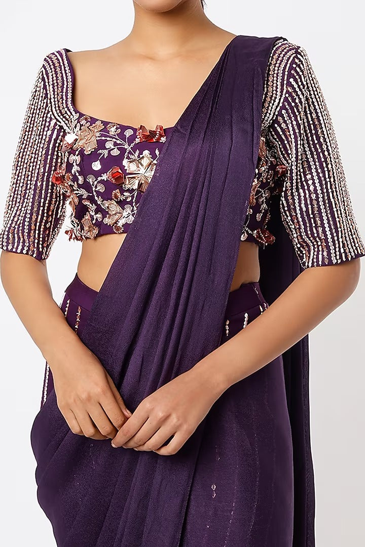 Purple Tabby Silk & Dupion Draped Pant Saree Set